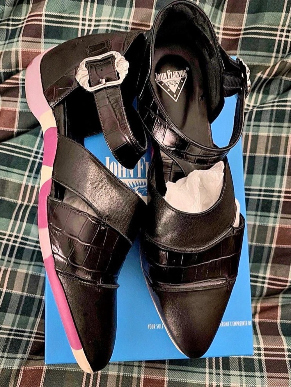John Fluevog Trina Black Buckle Heels W 10.5